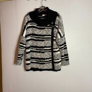 Calvin Klein Black and White Striped Cowl Neck Sweater